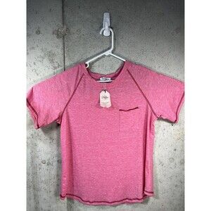Berryou Womens Large T-Shirt Pink Raglan SS Round Hem Pocket Stitching With Tag